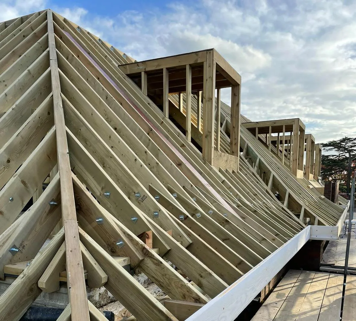 Timber roof structure under construction