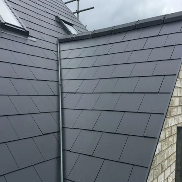 Slate-clad roof edge beside a brick wall